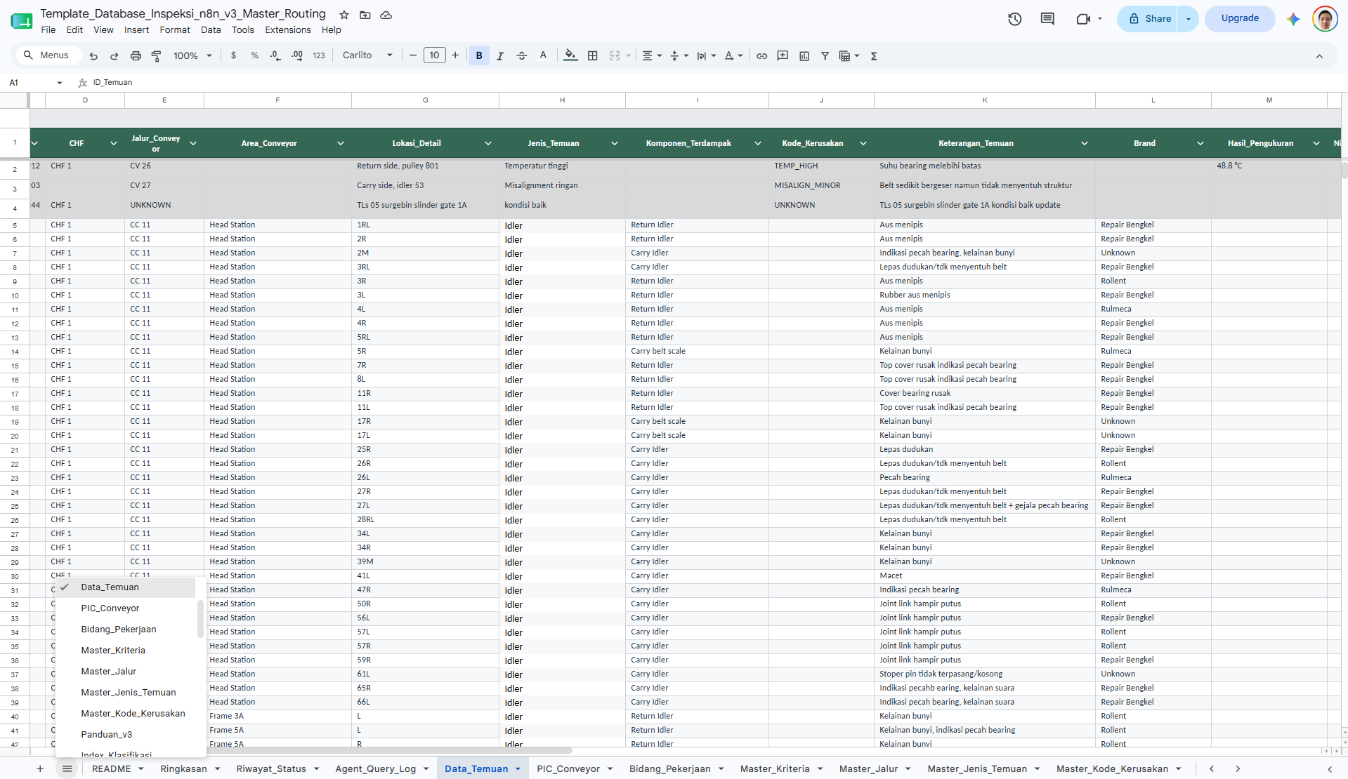 Database spreadsheet